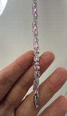 Pink Oval Crystal Swirl Bracelet – Silver Tone Sparkling Statement Jewelry 7085