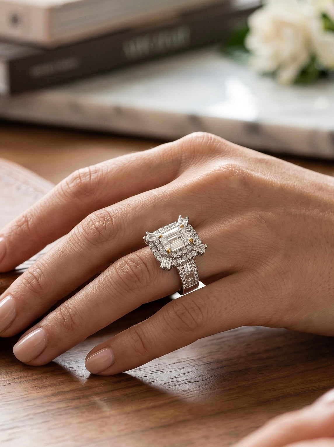 Moissanite Emerald-Cut Halo Statement Ring – Silver Tone, Size 8.  6002