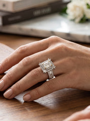 Moissanite Emerald-Cut Halo Statement Ring – Silver Tone, Size 8.  6002