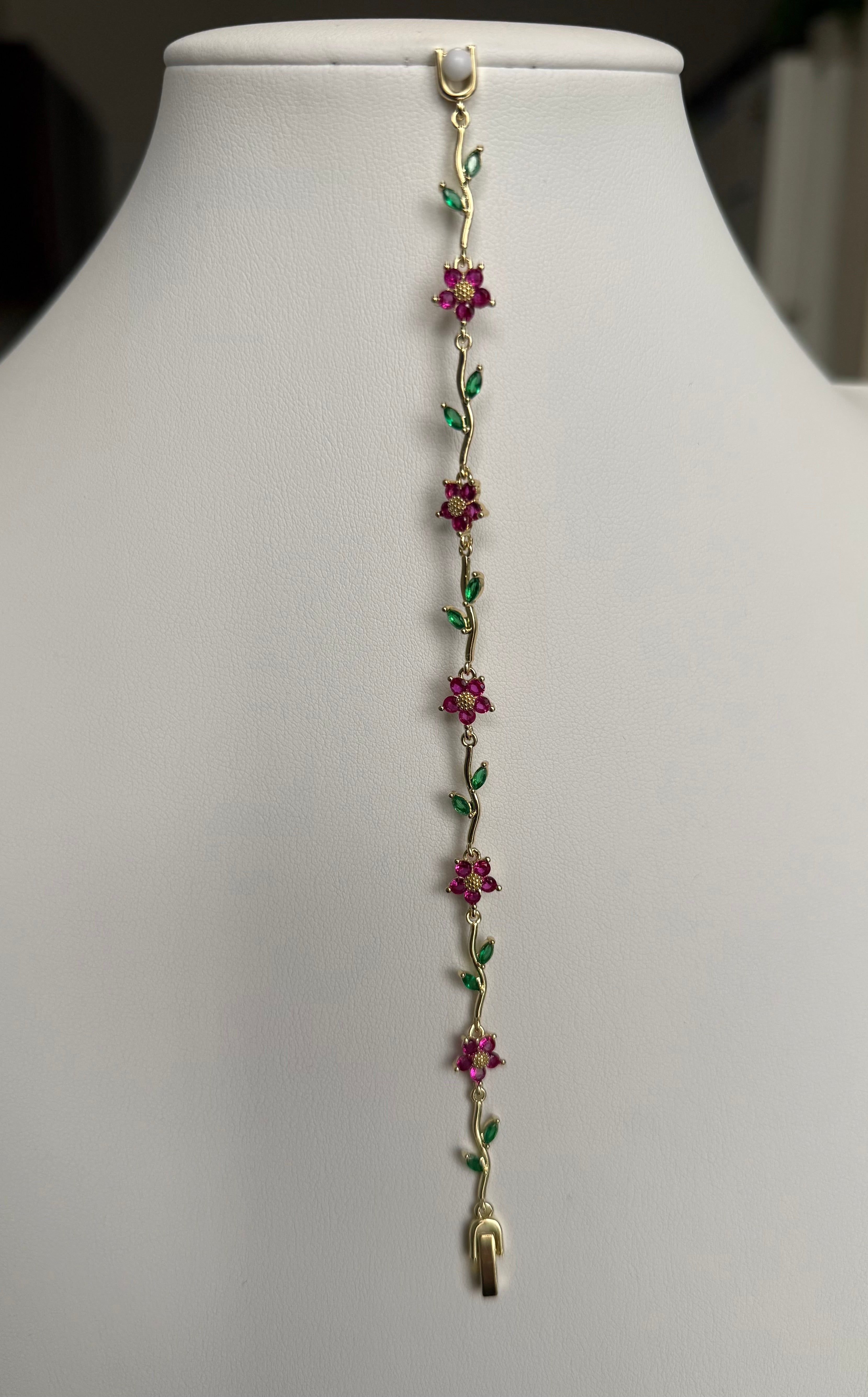 Pink & Green Floral Crystal Bracelet – Gold-Tone Vine & Flower Bracelet for Women 7121
