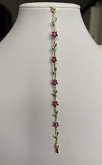 Pink & Green Floral Crystal Bracelet – Gold-Tone Vine & Flower Bracelet for Women 7121