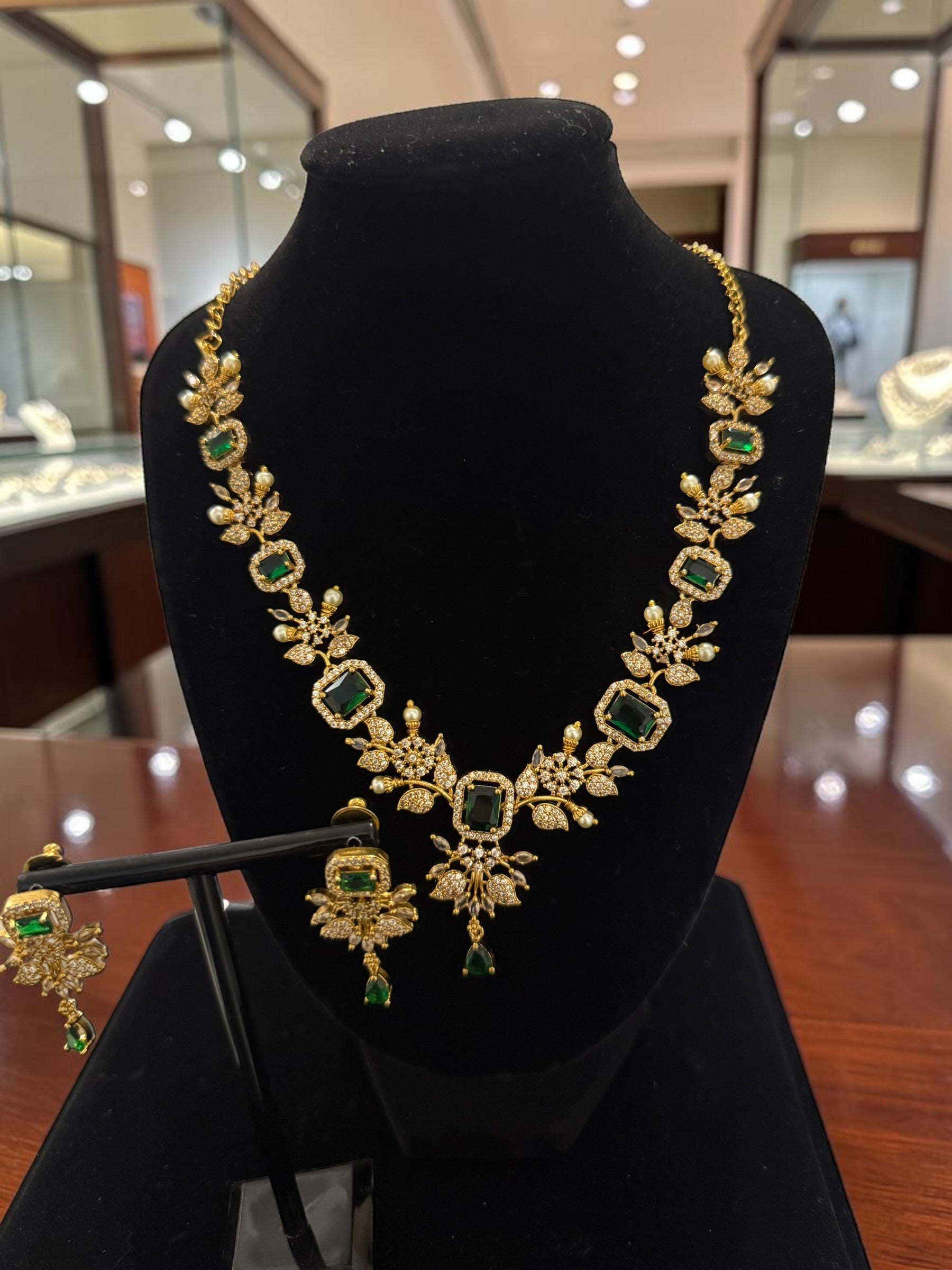 Luxury Gold Tone Green Crystal Floral Statement Necklace & Earrings Set | Gift-Ready Black Jewelry Box Included 6071