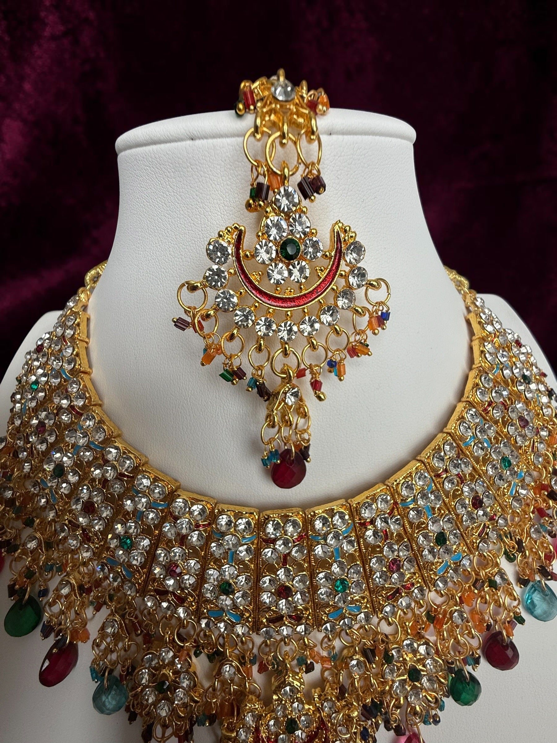 Multicolor Kundan Bridal Jewelry Set – Gold Tone Indian Pakistani Afghan Wedding Necklace Set with Earrings & Maang Tikka | Jewelry Gift Box Included 7015