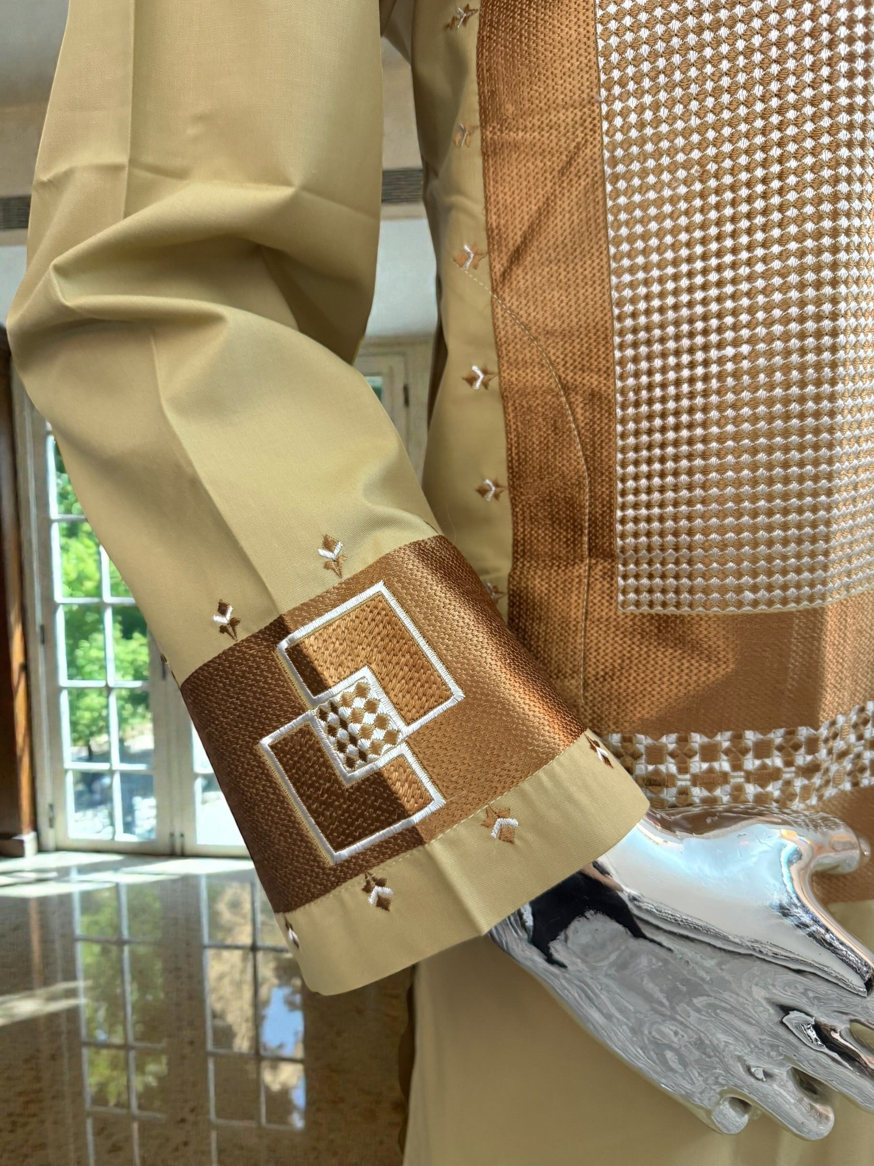 Small Men’s Golden Parahan Tumban with Bronze Geometric Embroidery – Afghan Traditional Outfit