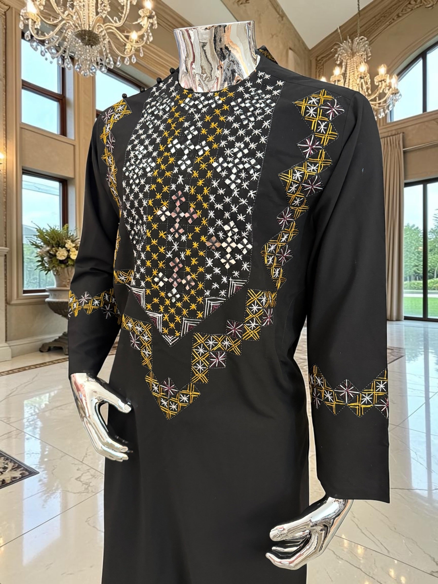 Black Hand-Embroidered Afghan Parahan Tunban with Mirror Work & Shawl