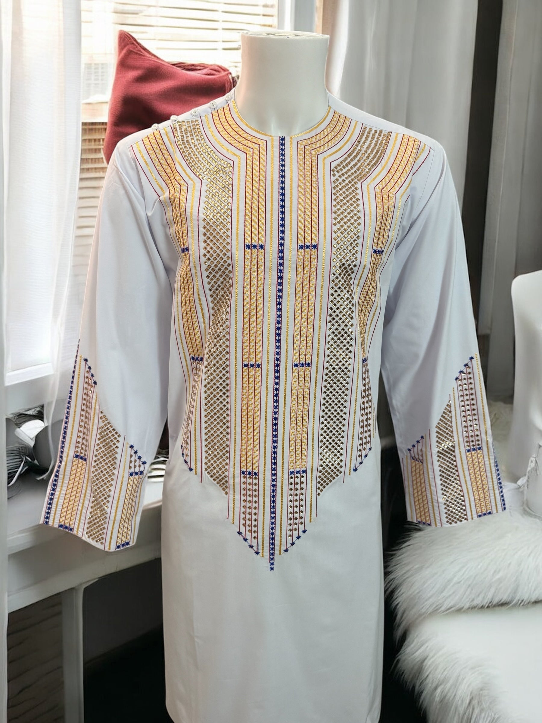 Afghan Parahan Tunban Kameese Shalwar White Gold Shesha Embroidered Small