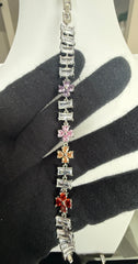 Multicolor Floral Baguette Crystal Link Bracelet – Silver Tone Flower Bracelet 7144