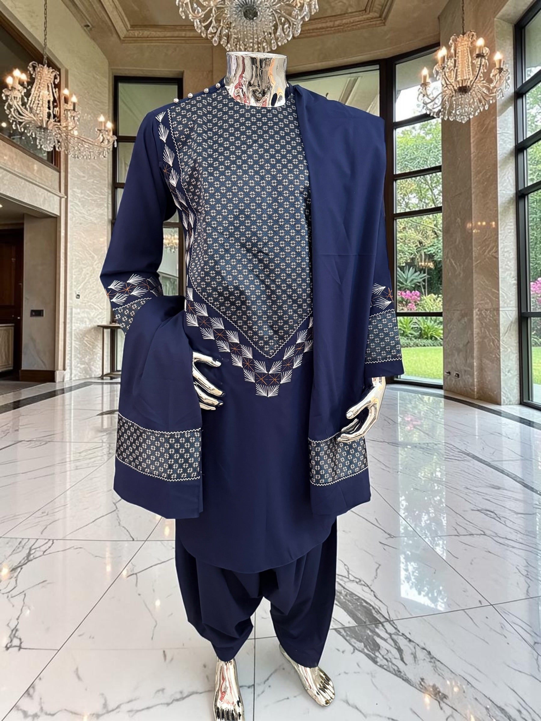 Medium Midnight Navy Hand Embroidered Afghan Parahan Tunban Set with Matching Chadder