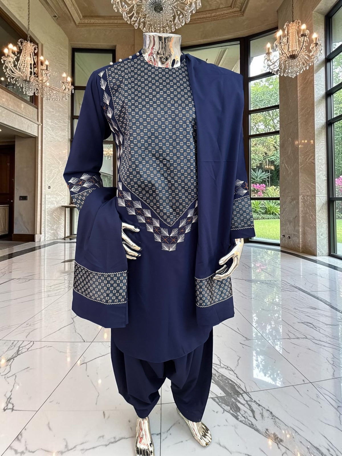 Medium Midnight Navy Hand Embroidered Afghan Parahan Tunban Set with Matching Chadder