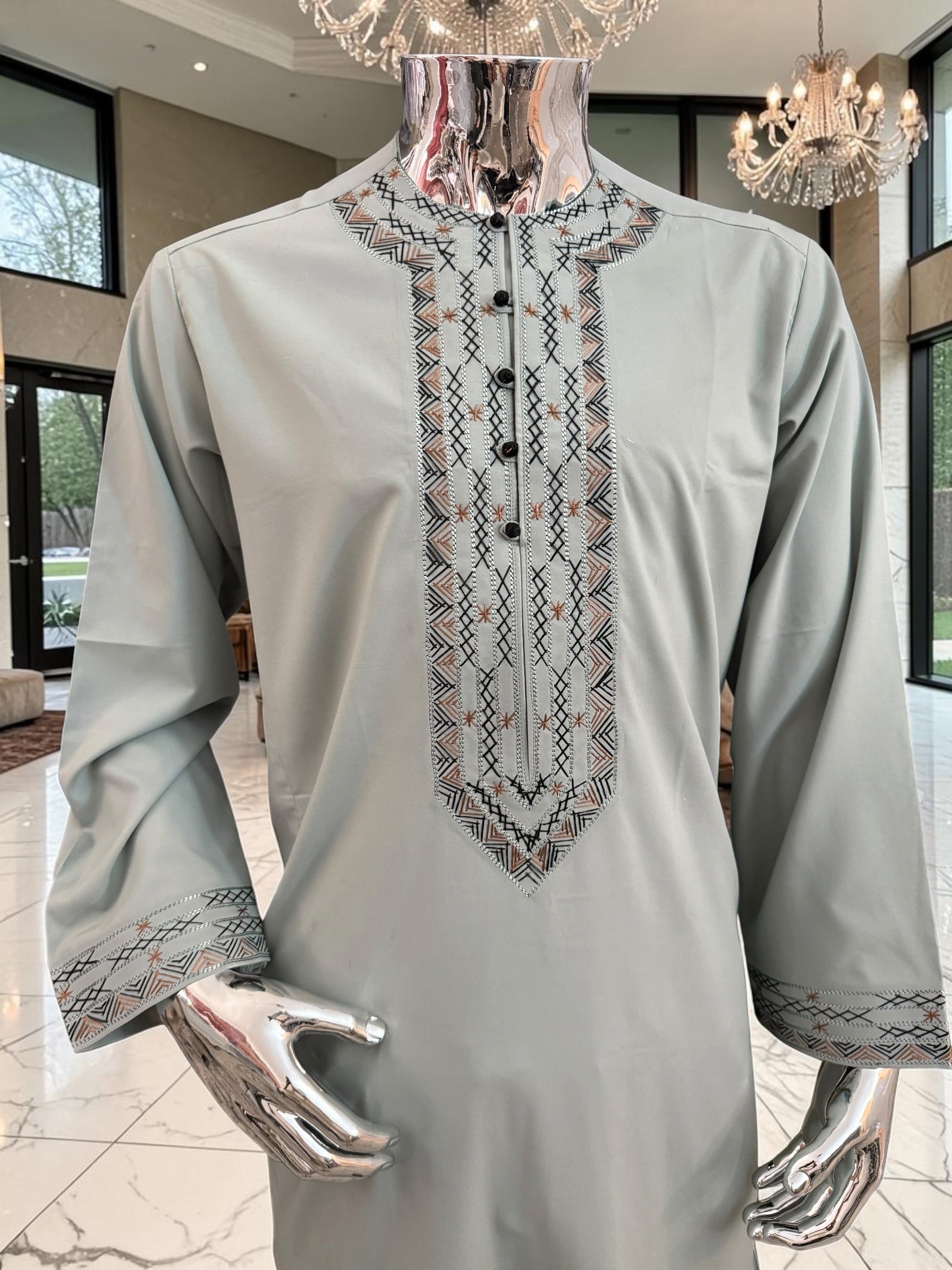 Medium Men’s Hand Embroidered Parahan Tunban Set – Light Sage Green Afghan Traditional Outfit