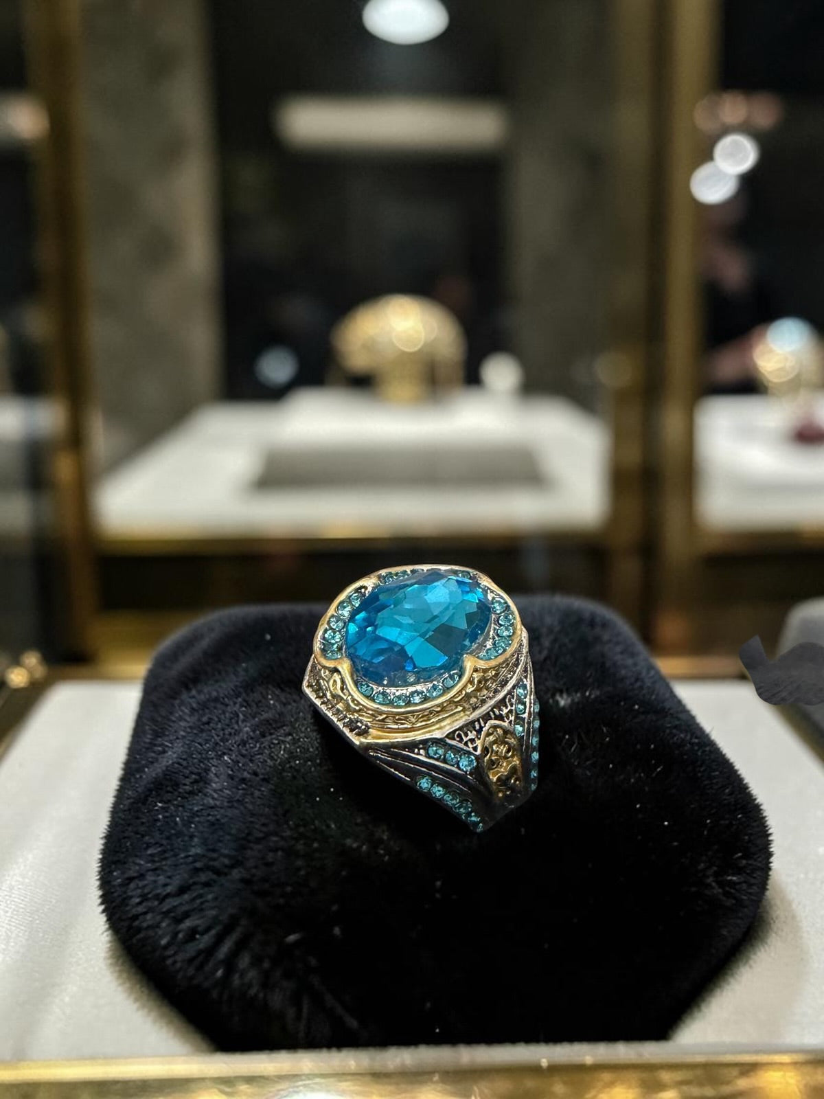 Men’s Vintage Blue Crystal Statement Ring – Silver Plated Ottoman Turkish Style Gemstone Ring G3