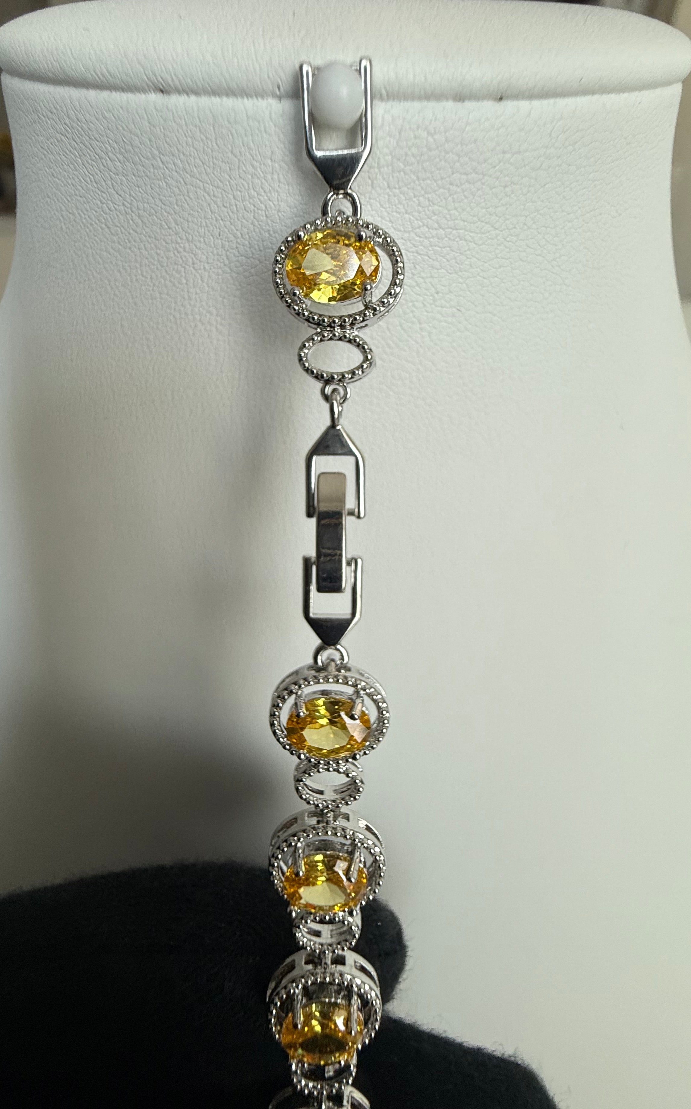 Golden Yellow Oval Crystal Halo Link Bracelet – Silver Tone Statement Bracelet 7095