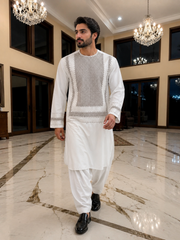 Small Off-White Kandahari Parahan Tunban for Men | Premium Afghan Traditional Wear Yakhandozi
