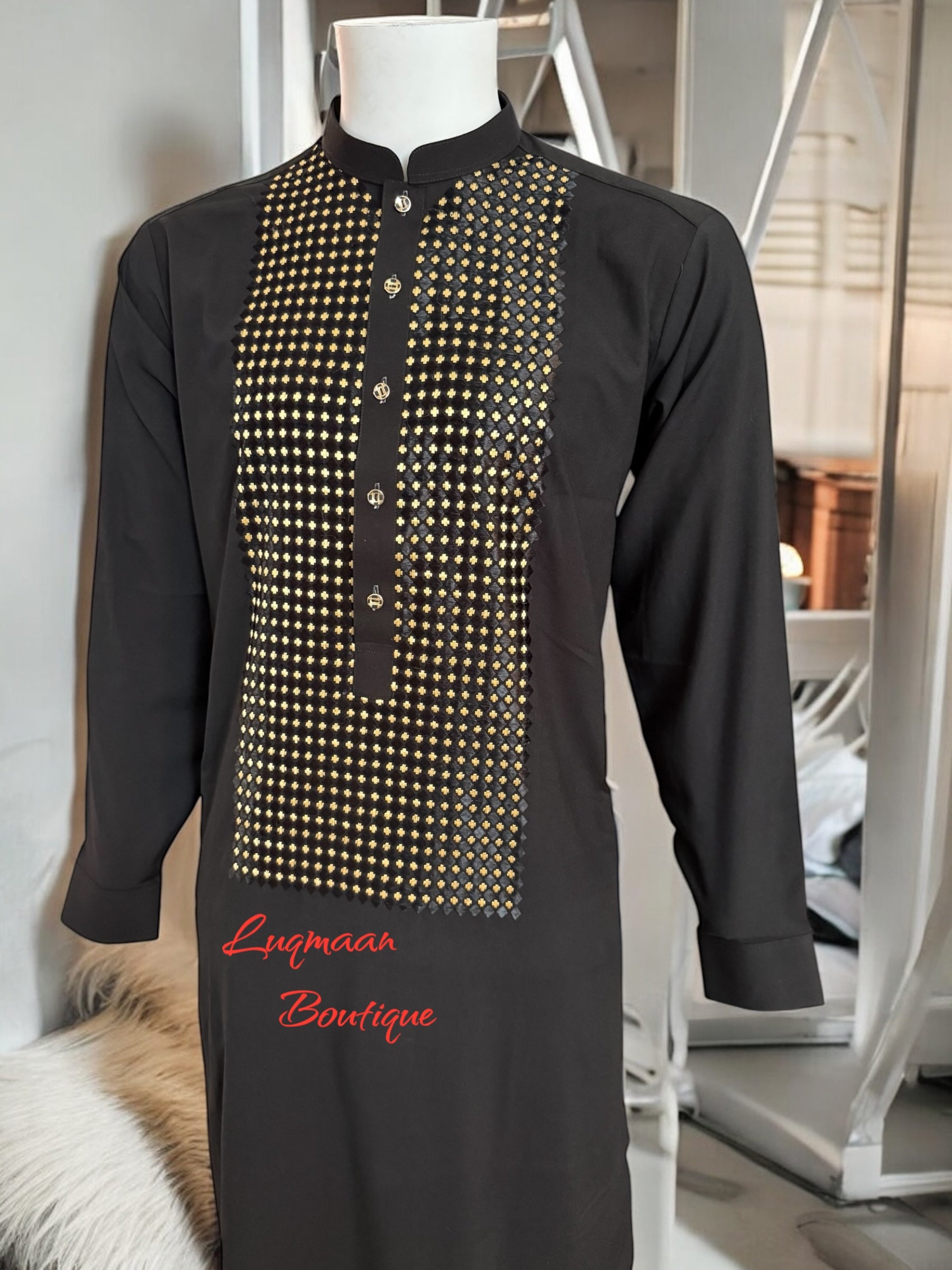 Men’s Black Parahan Tumban with Gold Hand Khamak Embroidery – Luxury Traditional Afghan Outfit, Medium