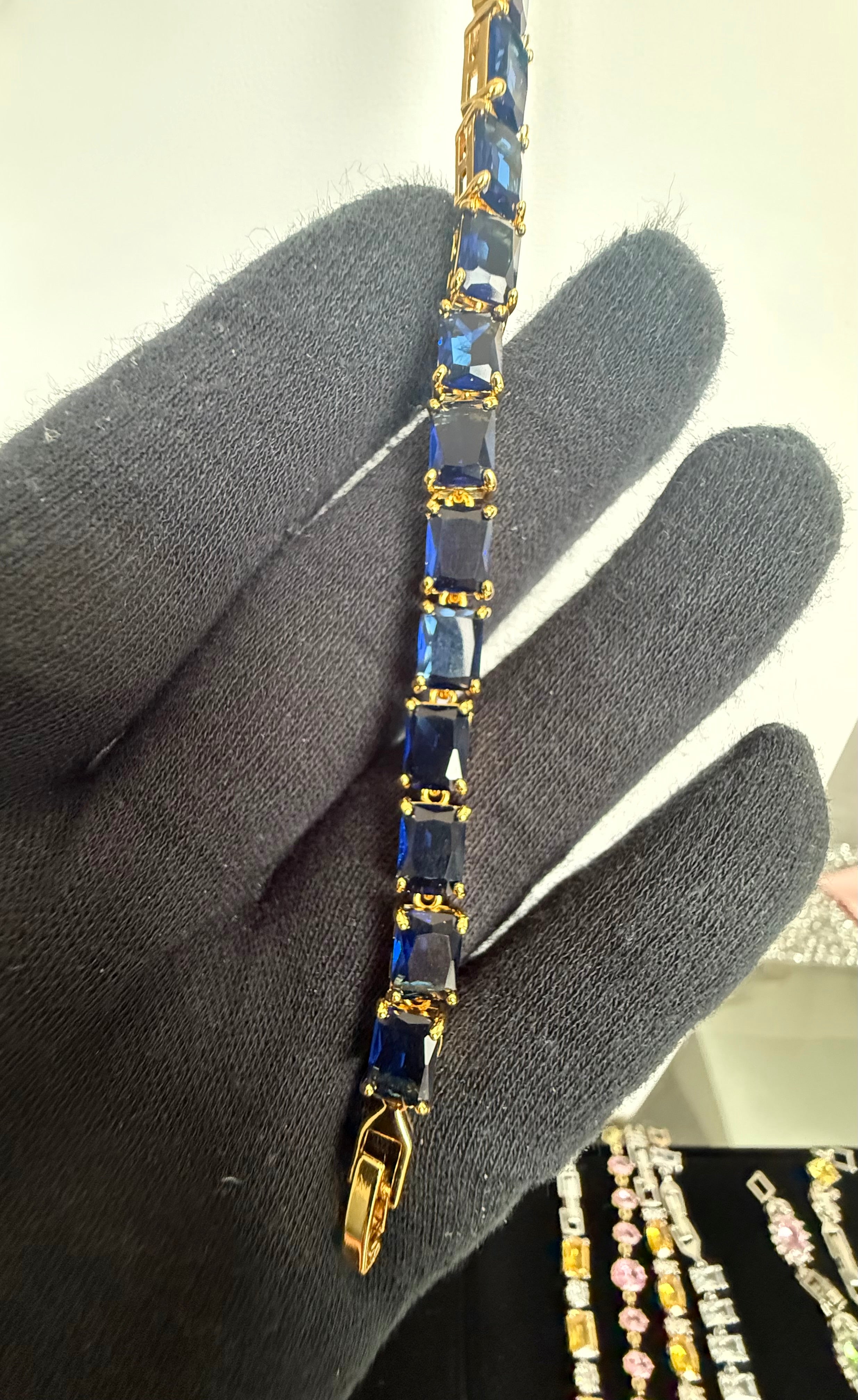 Sapphire Blue Emerald-Cut Crystal Tennis Bracelet – Gold Tone Statement Jewelry 7141