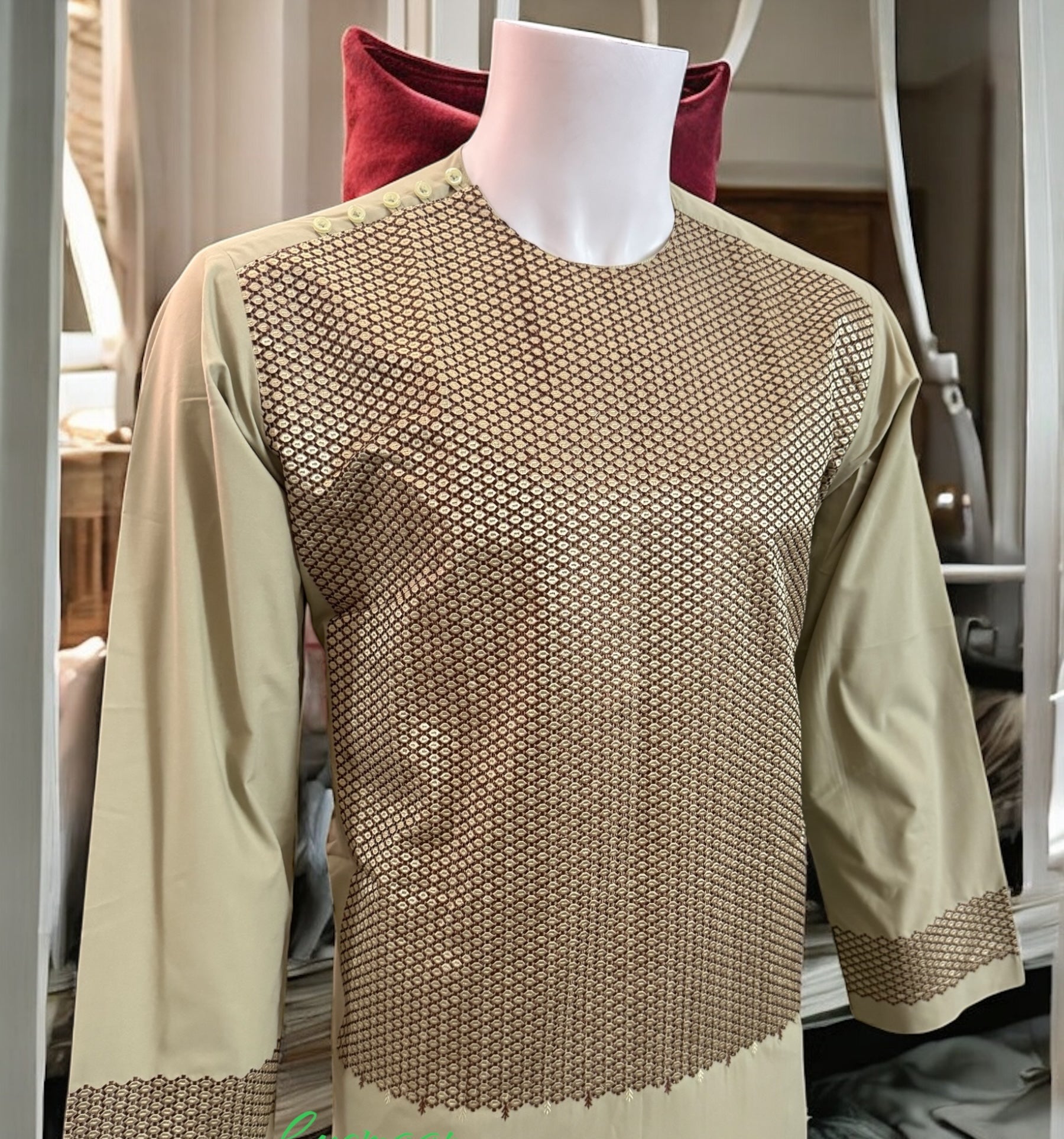 Small Men’s Light Green Parahan Tumban with Brown Embroidery – Afghan Traditional Outfit