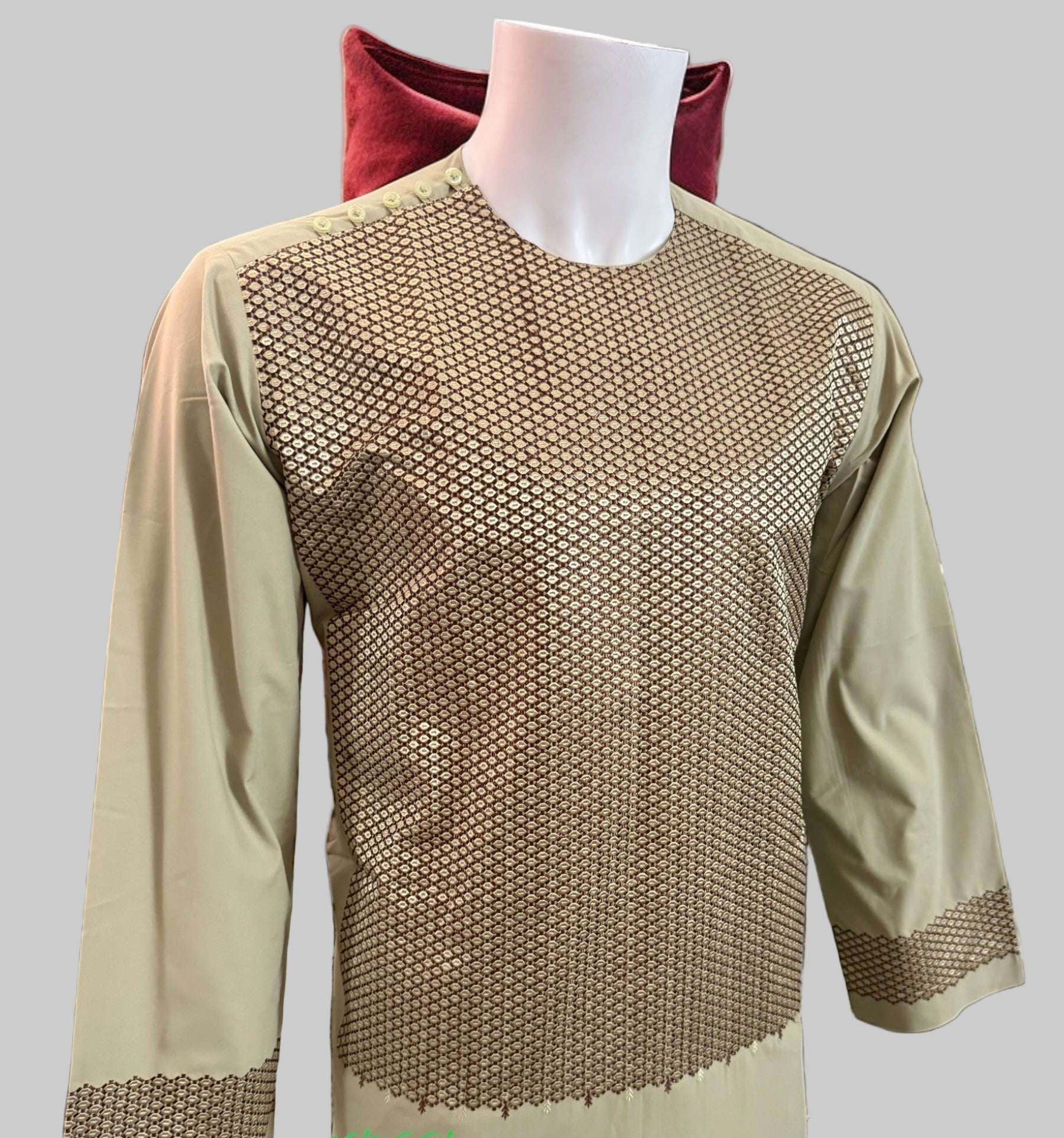 Small Men’s Light Green Parahan Tumban with Brown Embroidery – Afghan Traditional Outfit