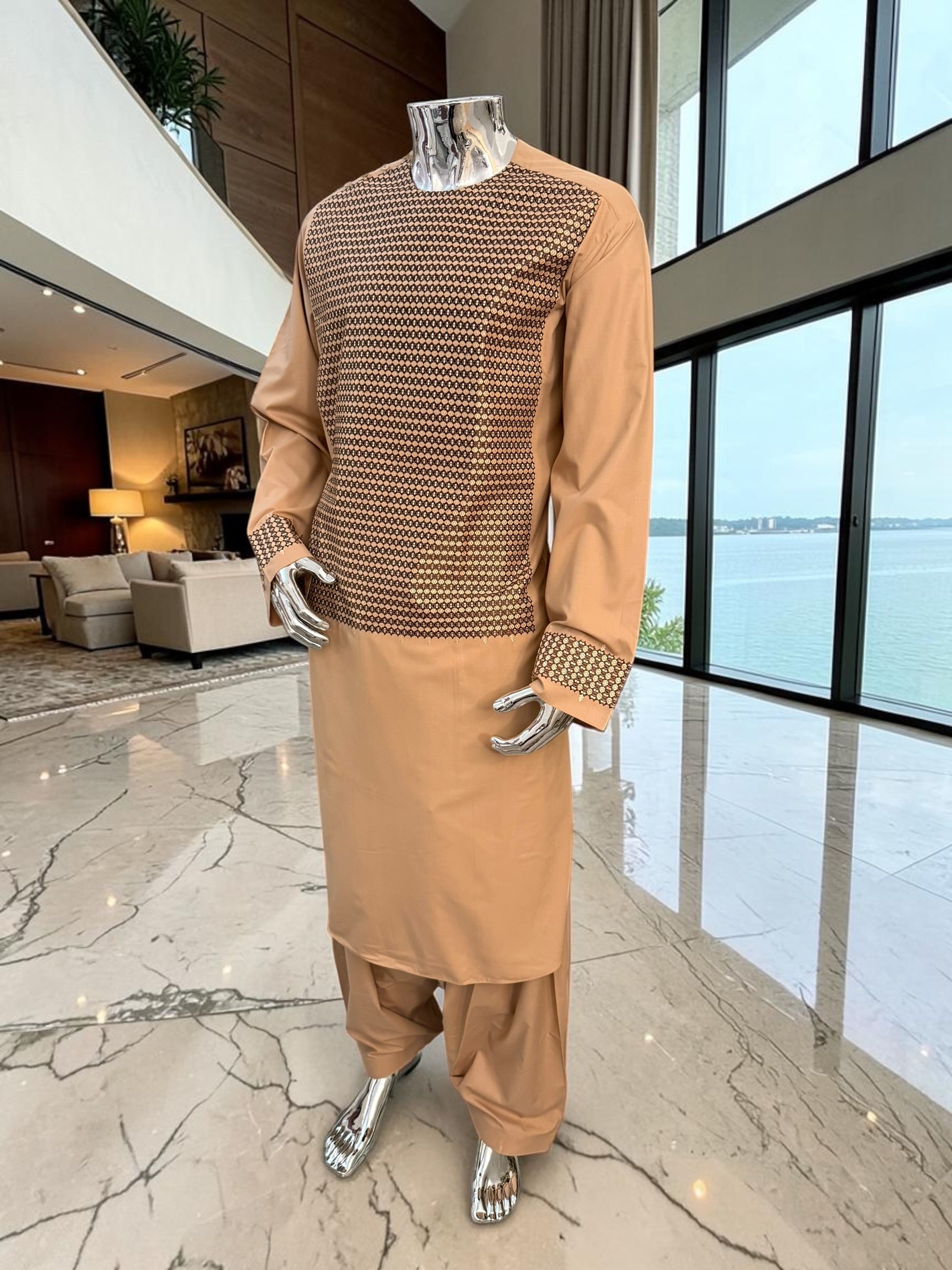 XL Peach Afghan Parahan Tunban with Machine Embroidery