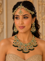 Luxury Kundan Bridal Jewelry Set with Sheeshphool, Necklace & Earrings – Ruby Red, Emerald Green & Pearl White