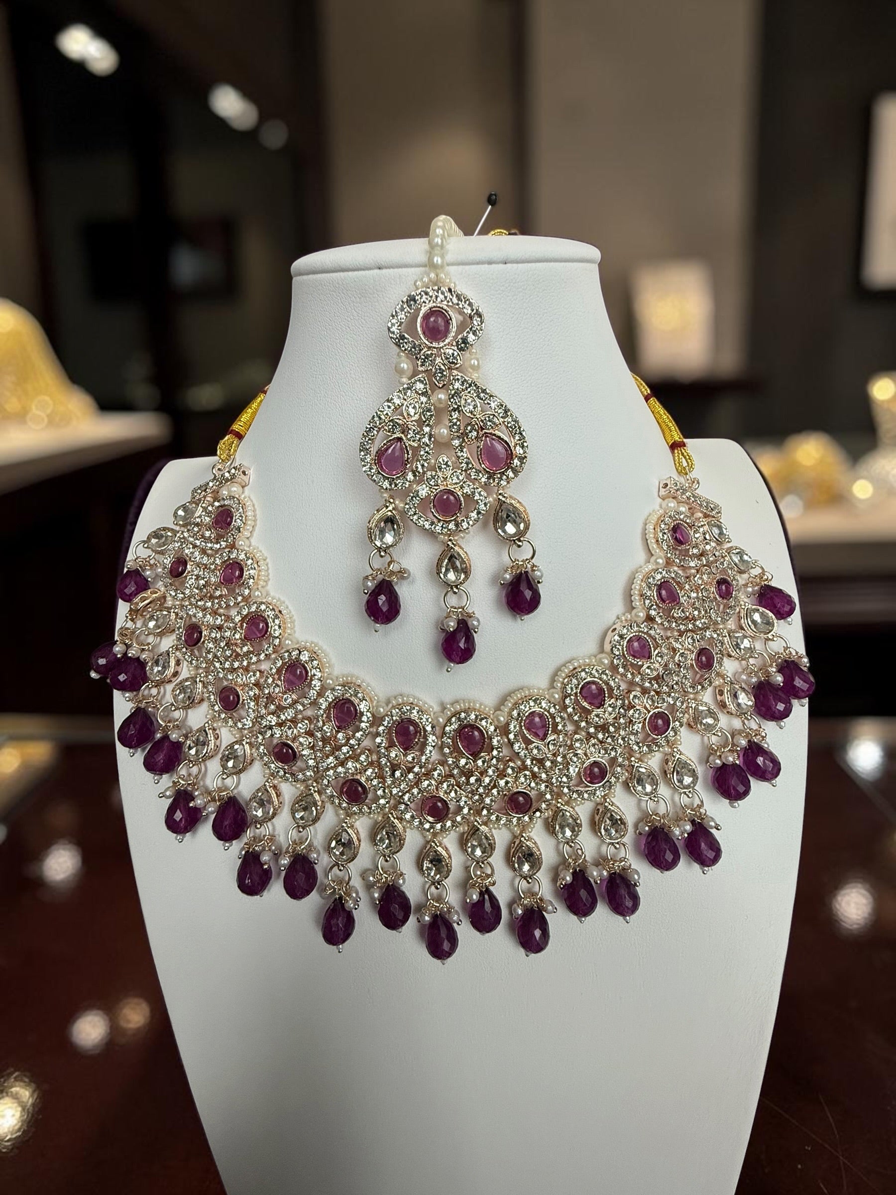 Purple Kundan Bridal Jewelry Set with Earrings & Maang Tikka | Rose Gold Indian Pakistani Afghan Wedding Necklace | Gift Box Included 6050