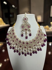Purple Kundan Bridal Jewelry Set with Earrings & Maang Tikka | Rose Gold Indian Pakistani Afghan Wedding Necklace | Gift Box Included 6050