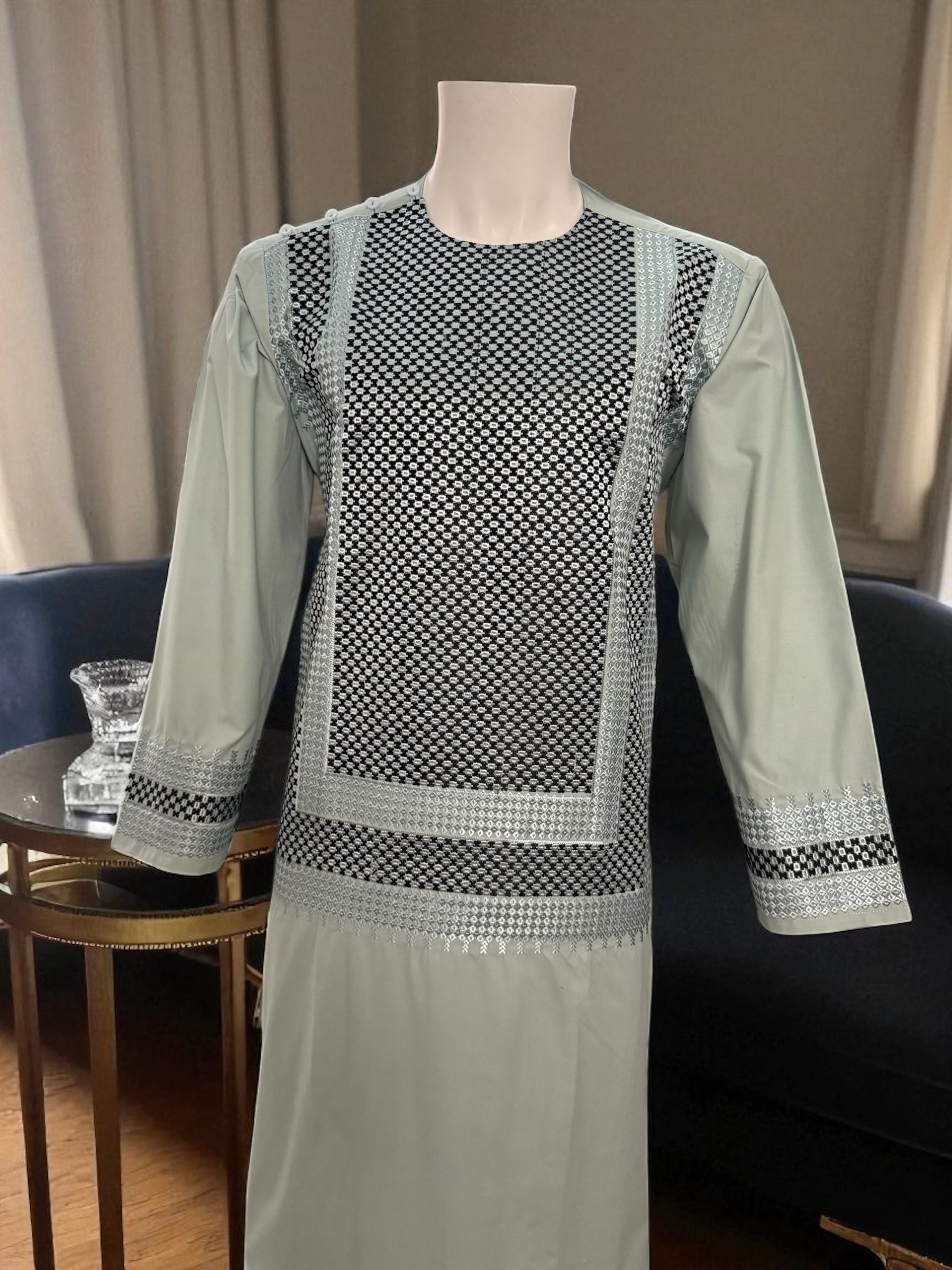 Men’s Sage Green Kameez – Sage with Black & Grey Machine Embroidery | Afghan Outfit (Medium)