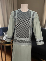 Men’s Sage Green Kameez – Sage with Black & Grey Machine Embroidery | Afghan Outfit (Medium)