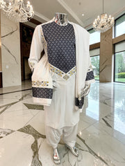 Small Off White Afghan Parahan Tunban Set – Premium Hand Embroidery Traditional Men’s Outfit with Matching Chadder Patto