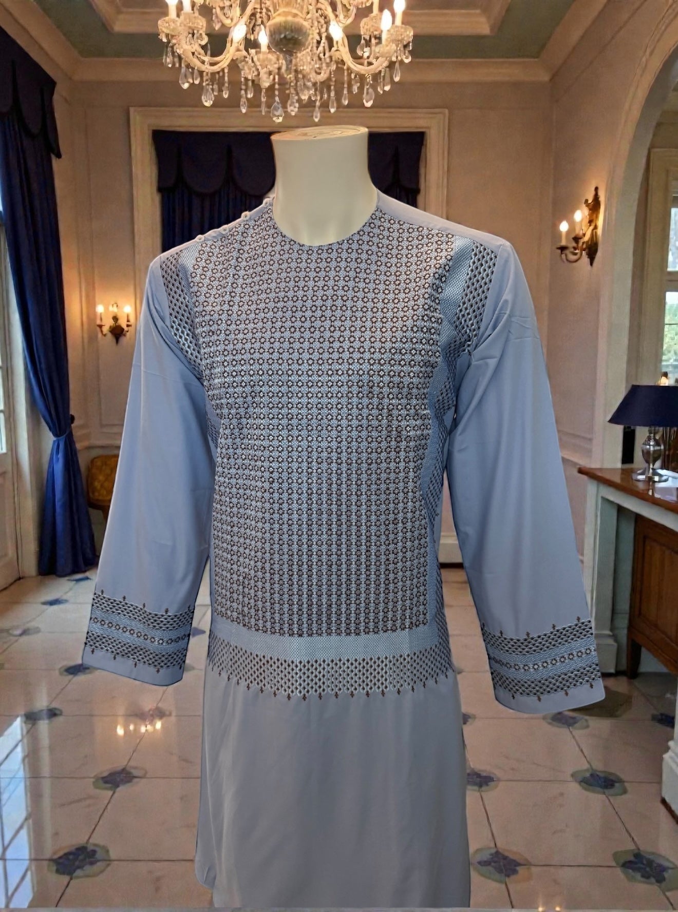 Medium Light Blue Afghan Parahan Tunban for Men with Machine Embroidery