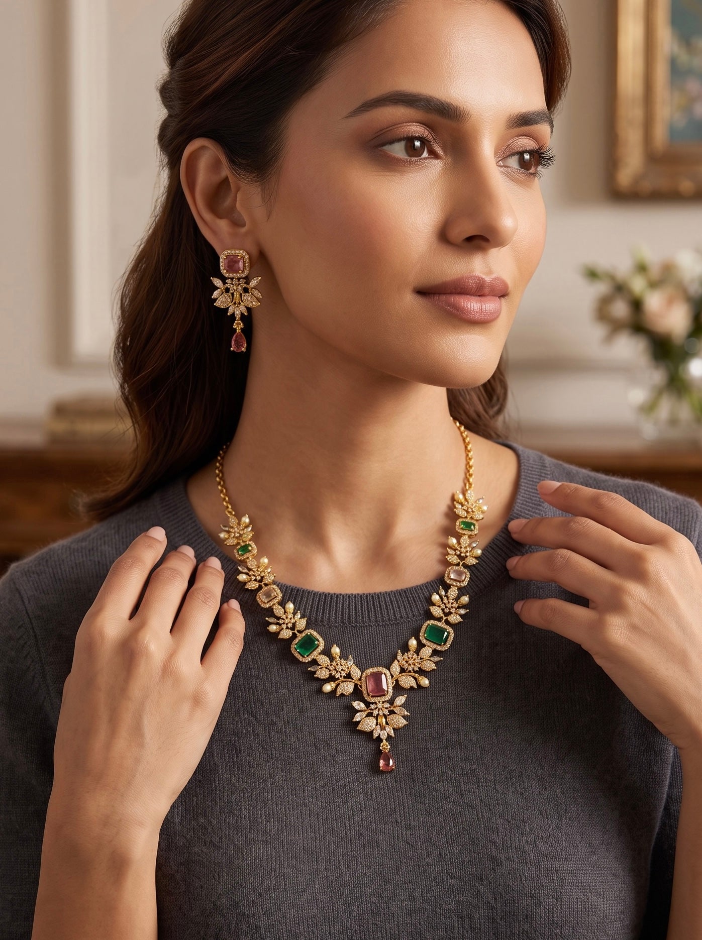 Luxury Gold Tone Green & Burgundy Crystal Floral Statement Necklace & Earrings Set |Gift-Ready Black Jewelry Box Included 6069