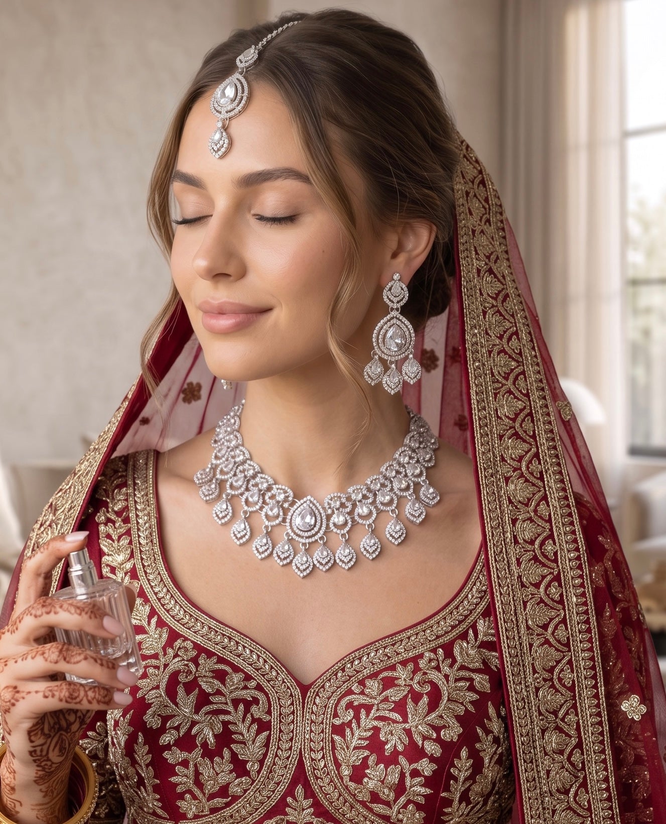 American Diamond Necklace, Earrings & Maang Tikka Jewelry Set – 7 Colors