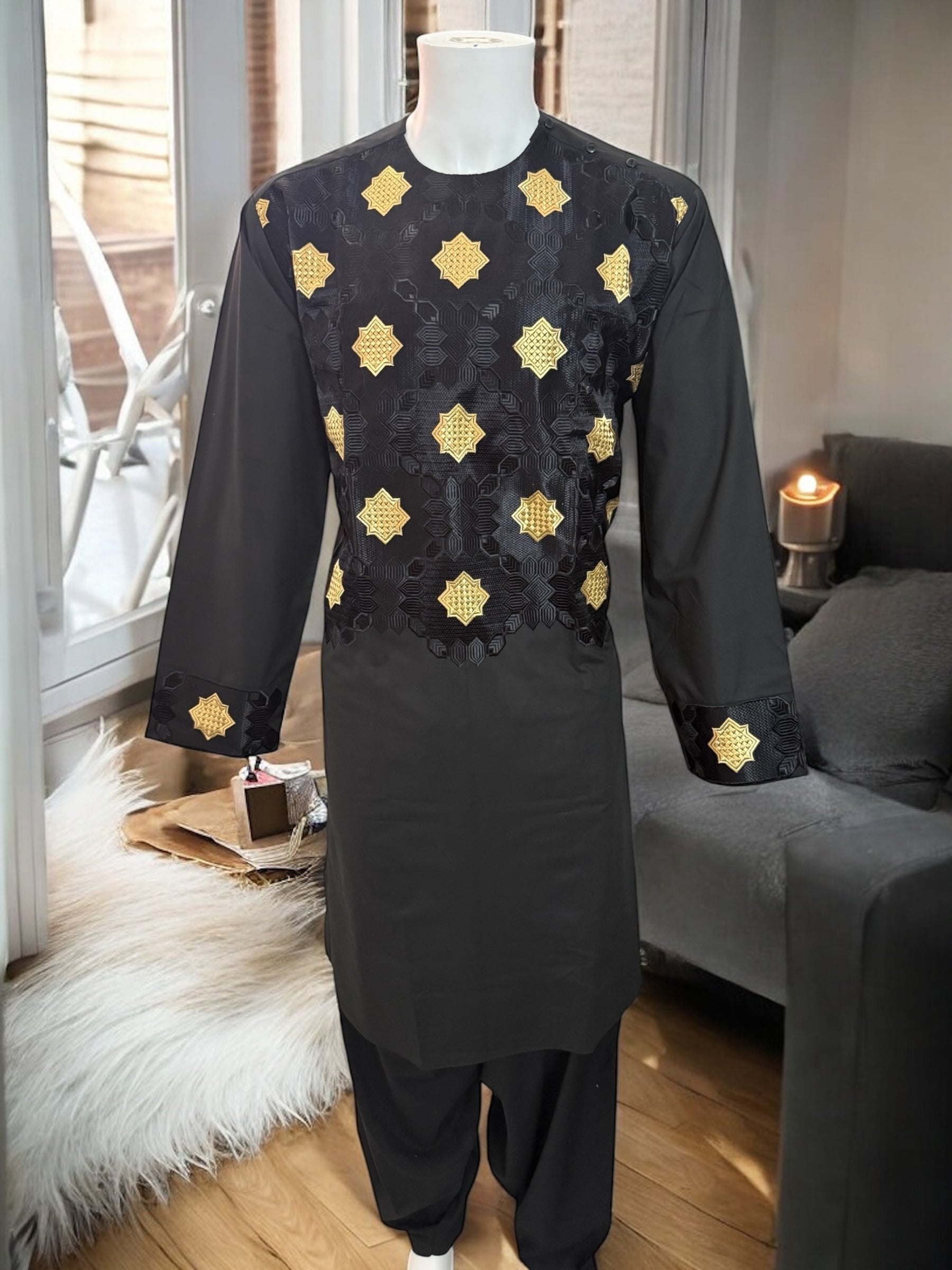 Afghan Parahan Tunban for Men Machine Embroidered Black Gold Traditional Wear Large