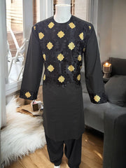 Afghan Parahan Tunban for Men Machine Embroidered Black Gold Traditional Wear Large