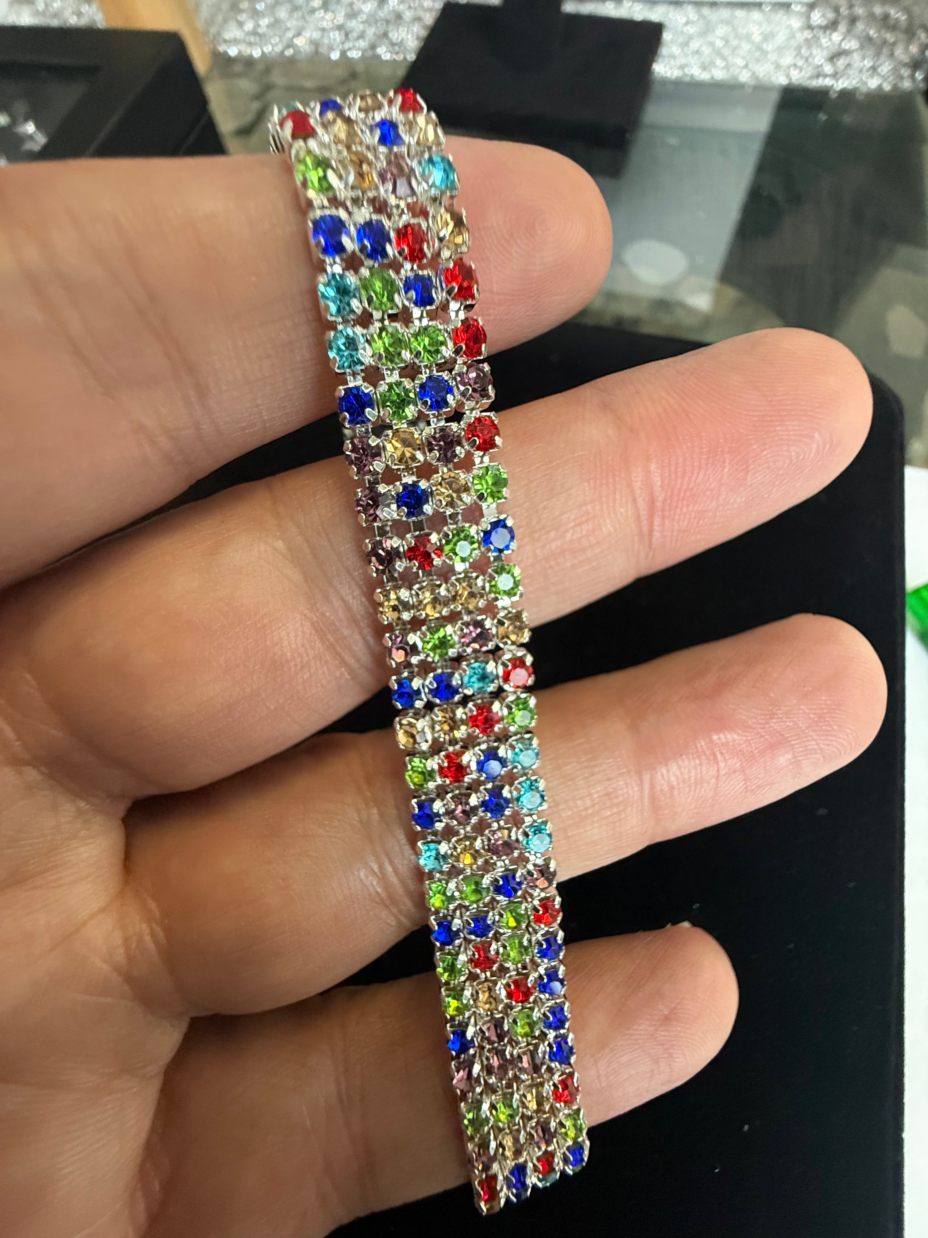 Multicolor Crystal Statement Bracelet – Wide Rainbow Rhinestone Silver-Tone Bracelet for Women 7068