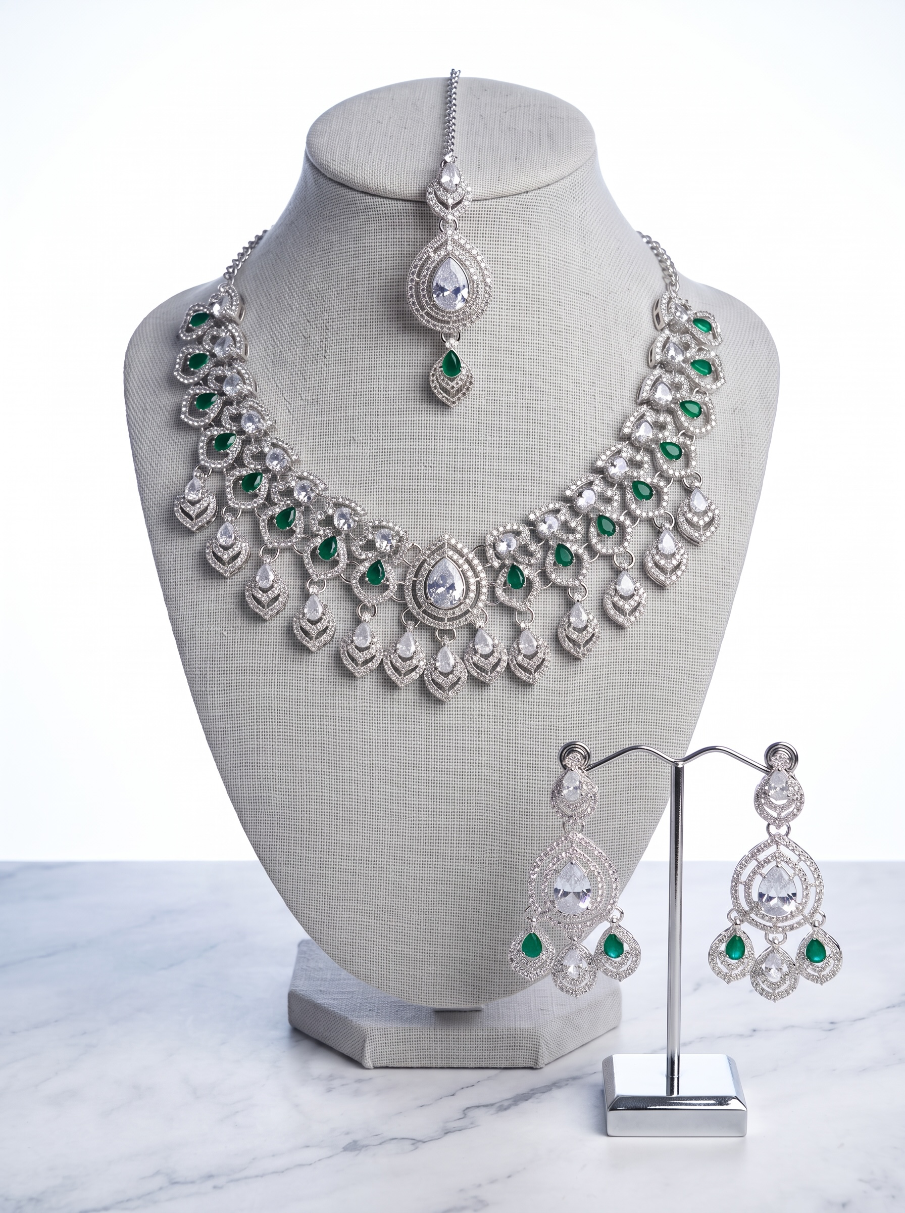 American Diamond Necklace, Earrings & Maang Tikka Jewelry Set – 7 Colors