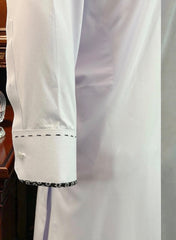 Men’s White Afghan Parahan Tumban – Black Embroidered Placket & Classic Collar | Luqmaan Boutique (Large)