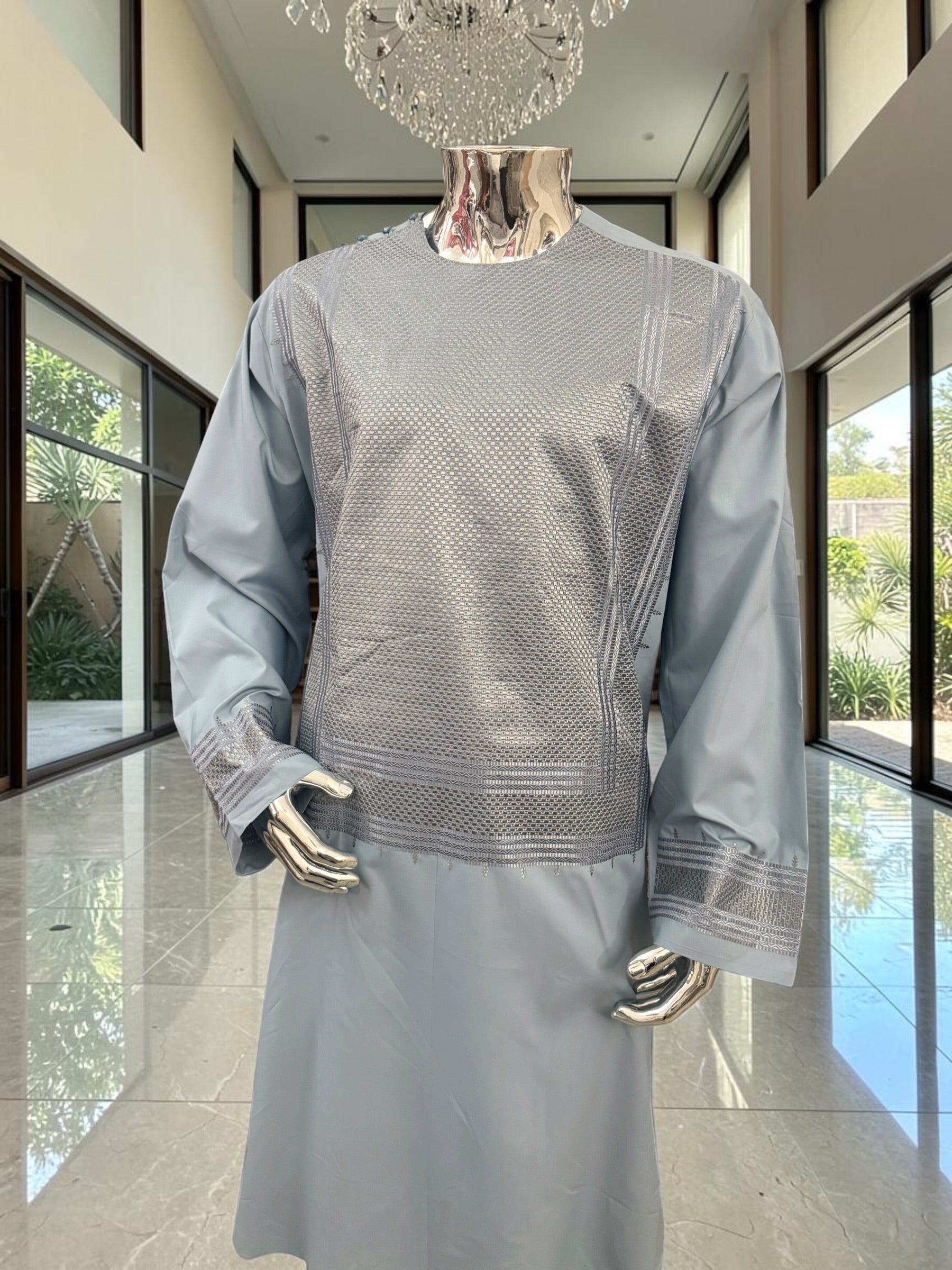 Men’s Blue Gray Embroidered Afghan Parahan Tunban with Matching Shawl – XXL