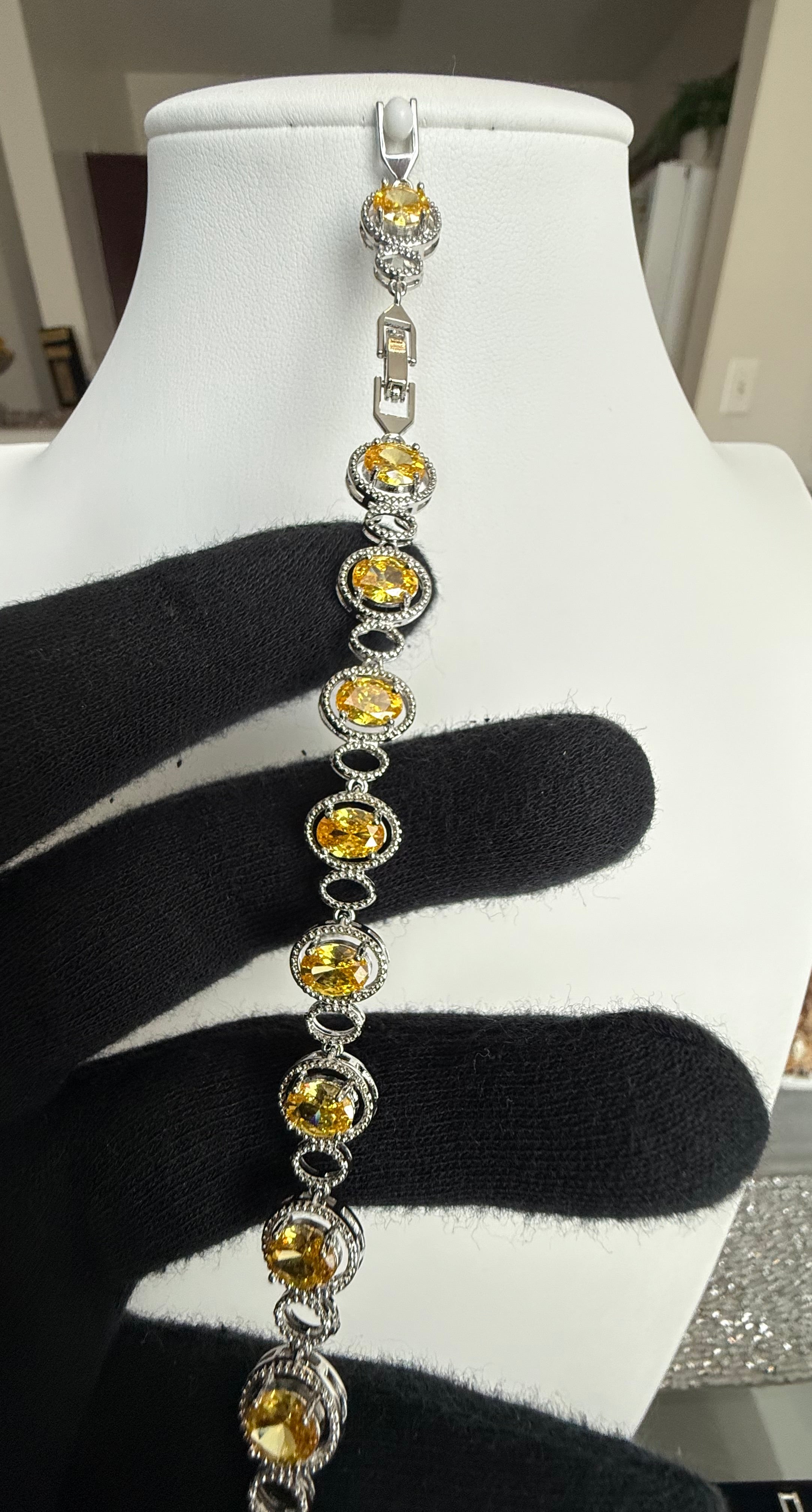 Golden Yellow Oval Crystal Halo Link Bracelet – Silver Tone Statement Bracelet 7095