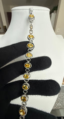 Golden Yellow Oval Crystal Halo Link Bracelet – Silver Tone Statement Bracelet 7095