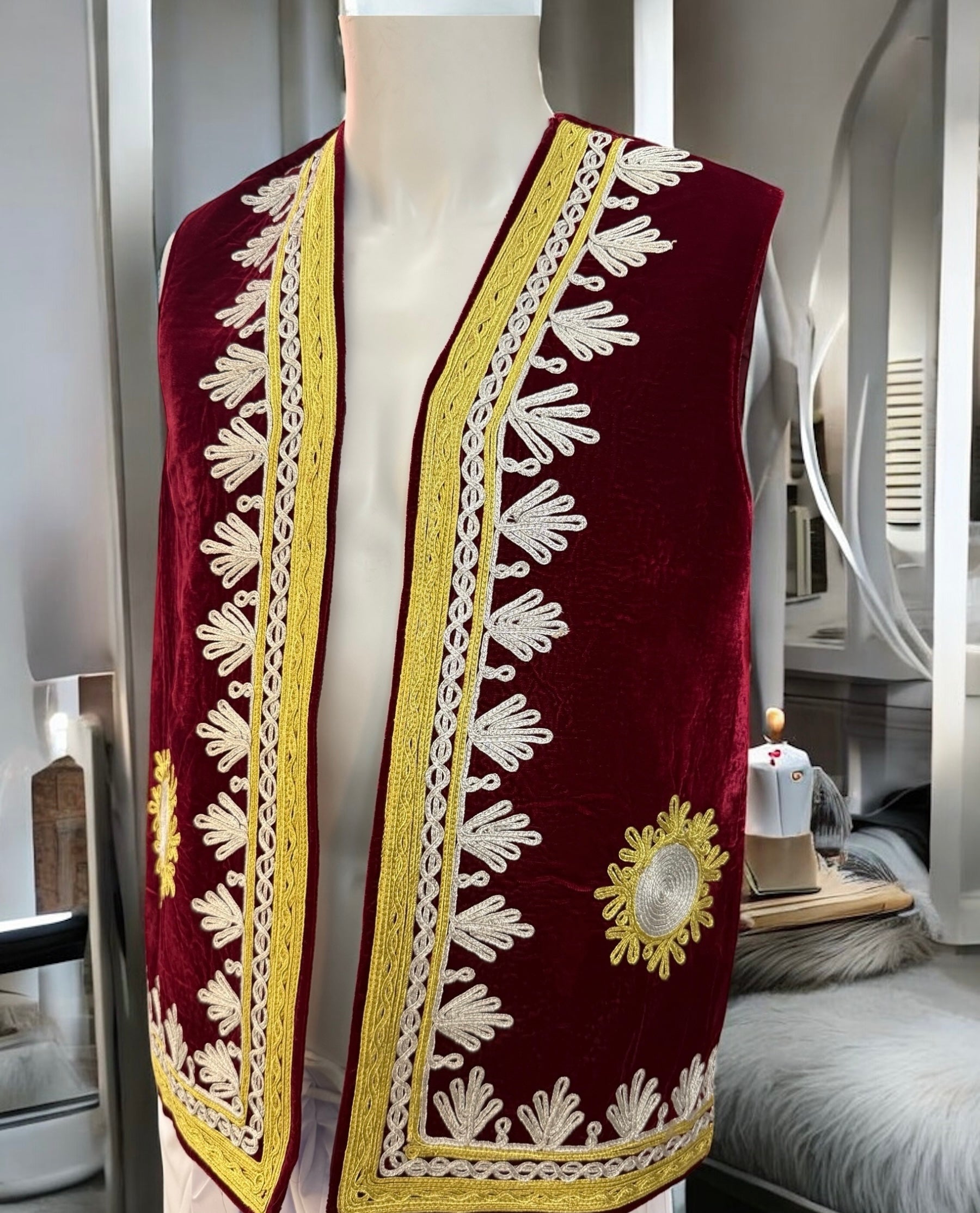 Men’s Maroon Velvet Afghan Vest with Gold & White Chermadozi | Handmade Traditional Waistcoat | Small