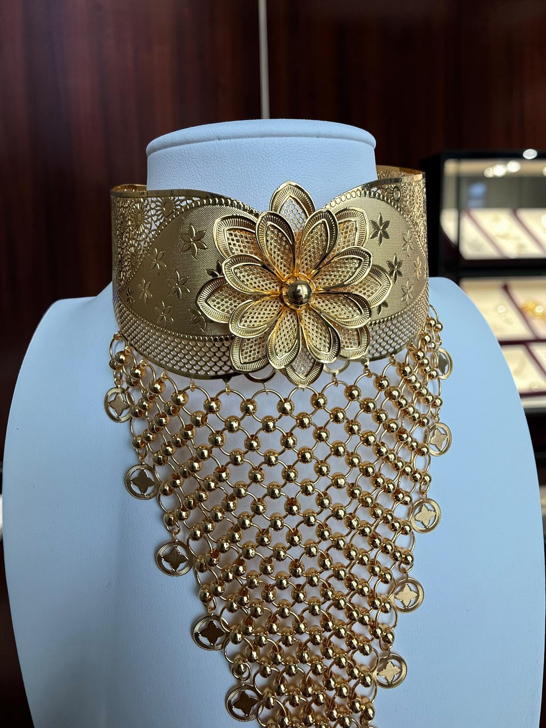 24K Gold-Plated Floral Choker Necklace and Earrings Set | Vintage Hollow Statement Jewelry | Afghan, Indian, Pakistani & Middle Eastern Wedding Set 6073