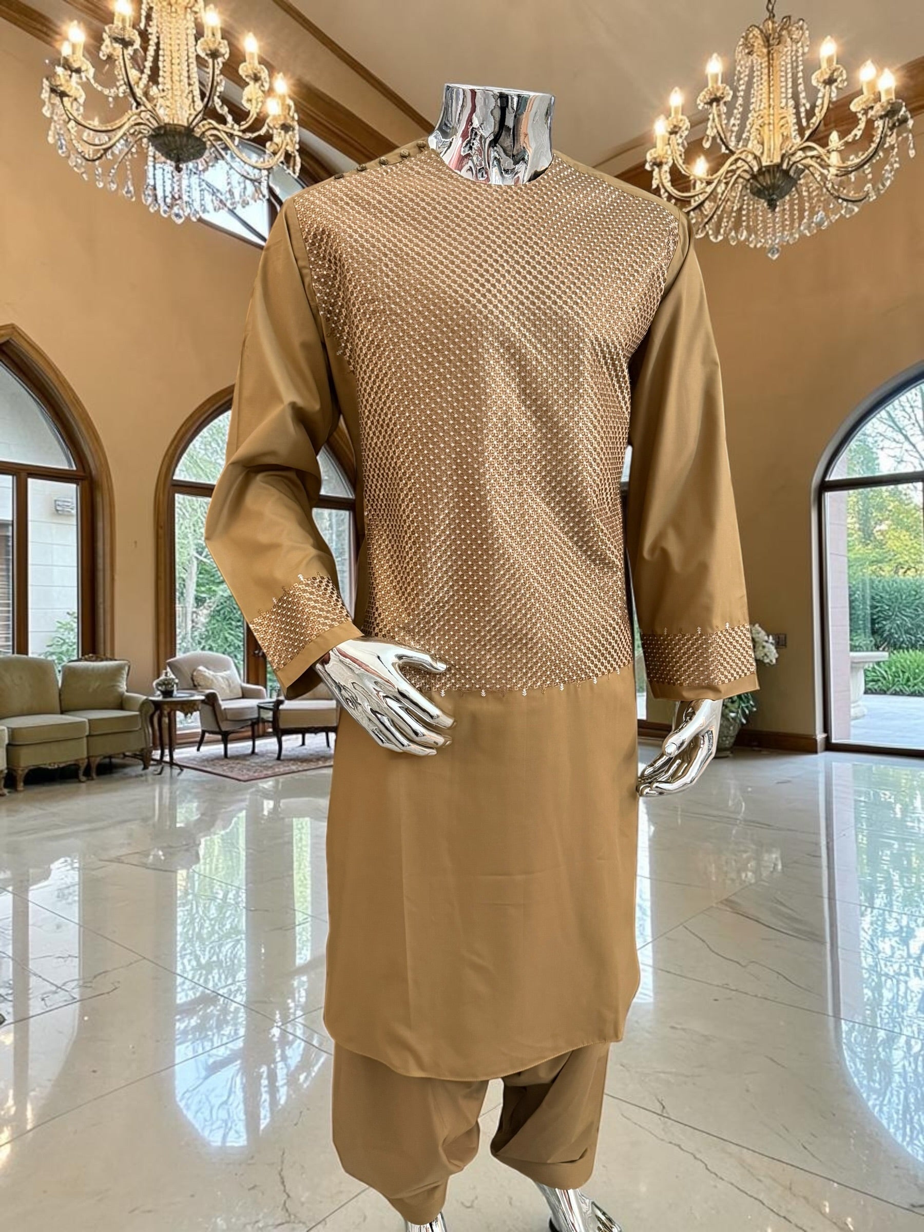 Large Honey Brown Afghan Parahan Tumban with Matching Khamak-Style Machine Embroidery – Men’s Traditional Wear