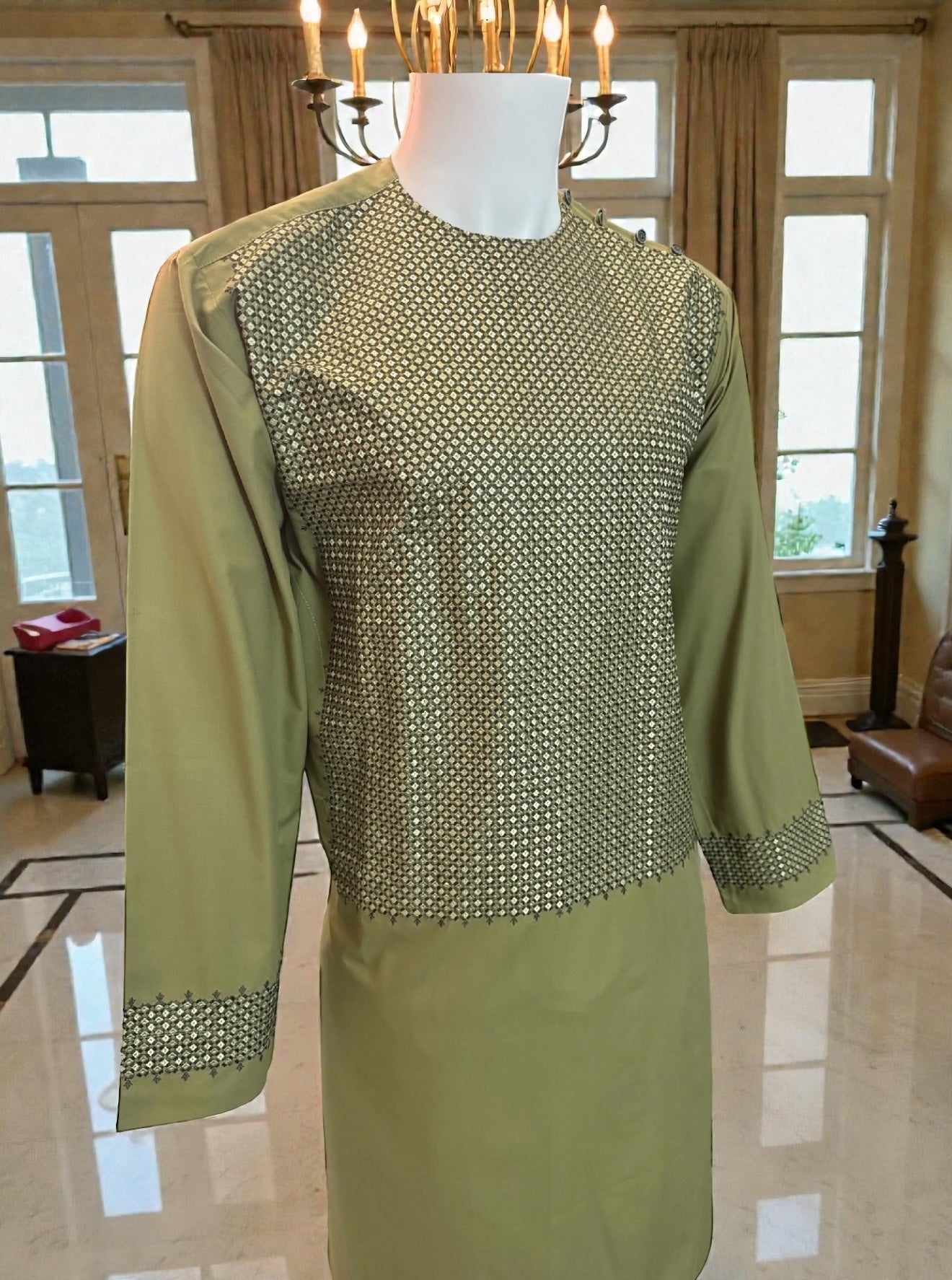 Olive Green Afghan Parahan Tunban for Men with Machine Khamakdozi – Medium
