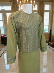 Olive Green Afghan Parahan Tunban for Men with Machine Khamakdozi – Medium