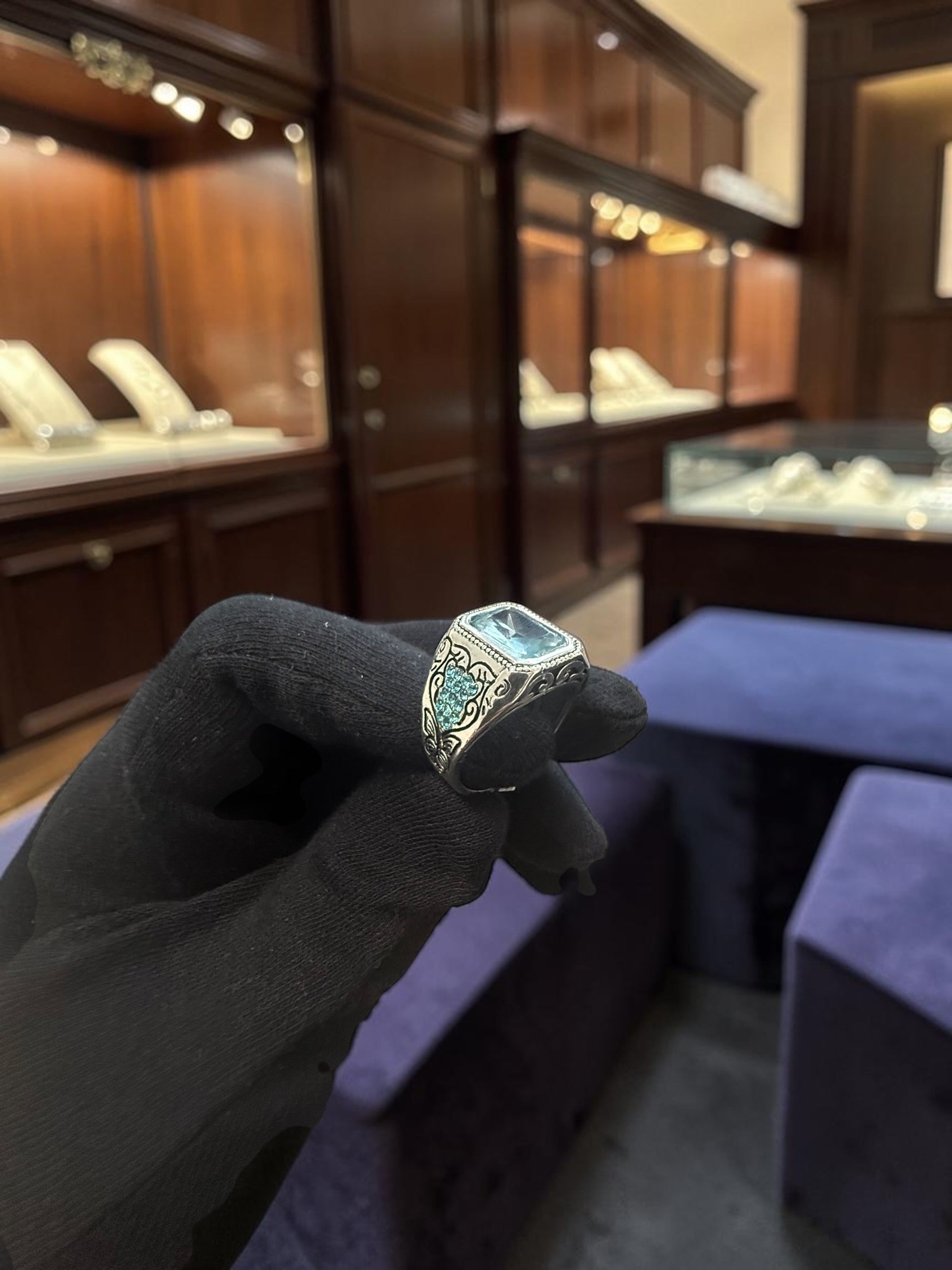 Men’s Vintage Light Blue Zircon Signet Ring – Turkish Inspired Silver Tone Carved Statement Ring | Antique Style Cocktail Ring A5