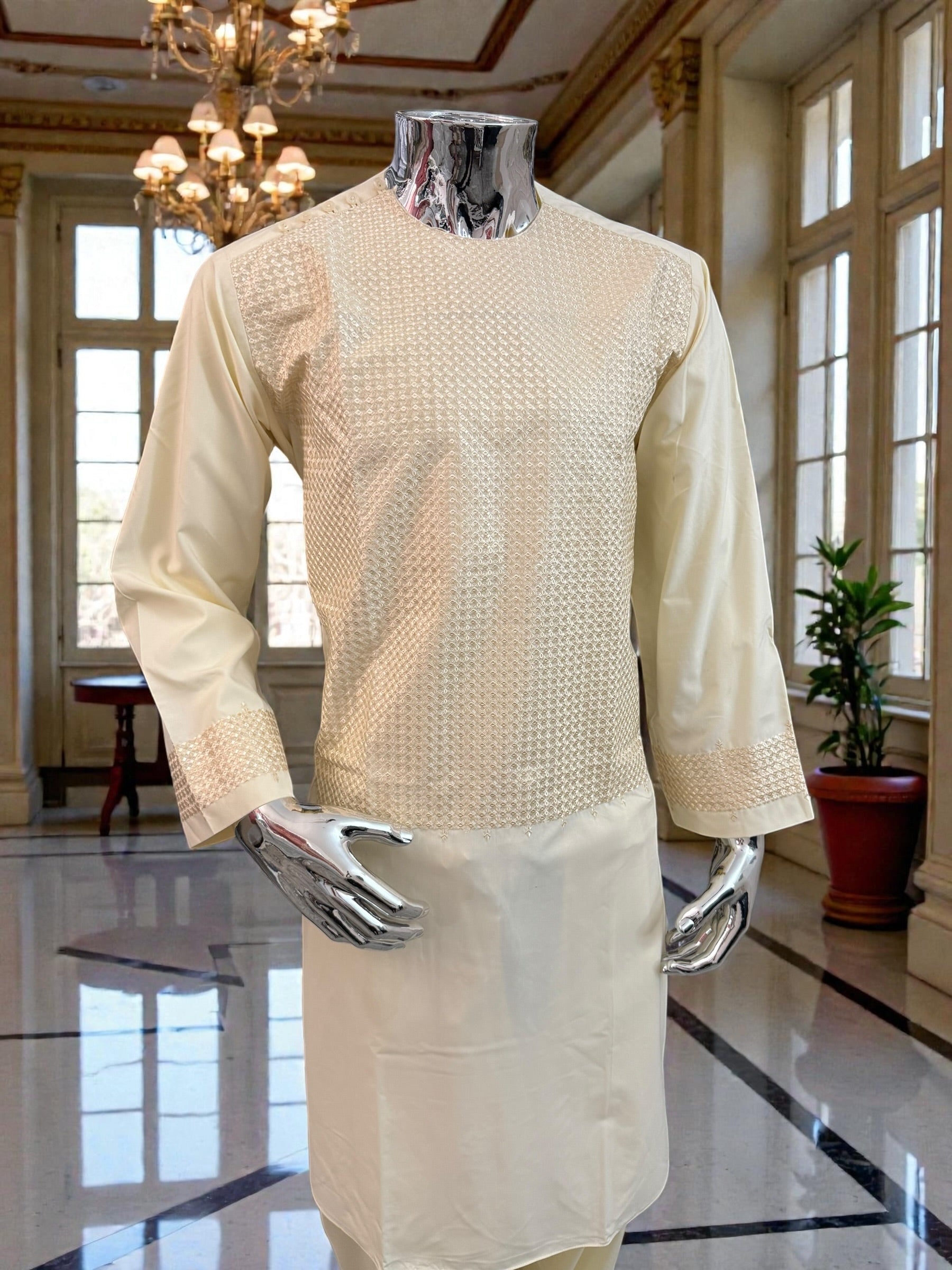 Men’s Cream Parahan Tumban with Matching Embroidery – Afghan Traditional Outfit (Medium)
