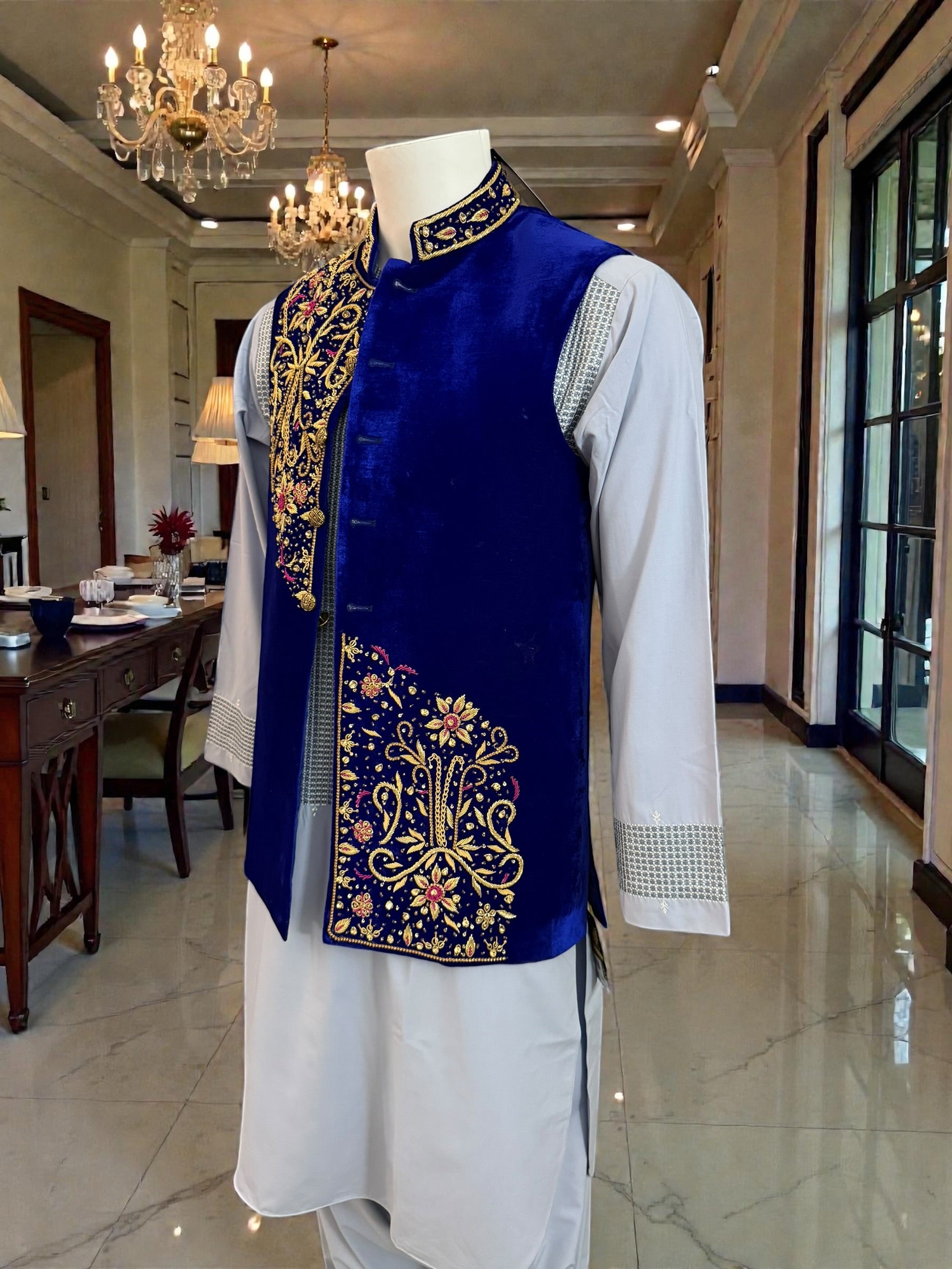Royal Blue Velvet Vestcoat – Handmade Soma & Borr Borr Gold Embroidery | Men’s Luxury Afghan Waistcoat Medium
