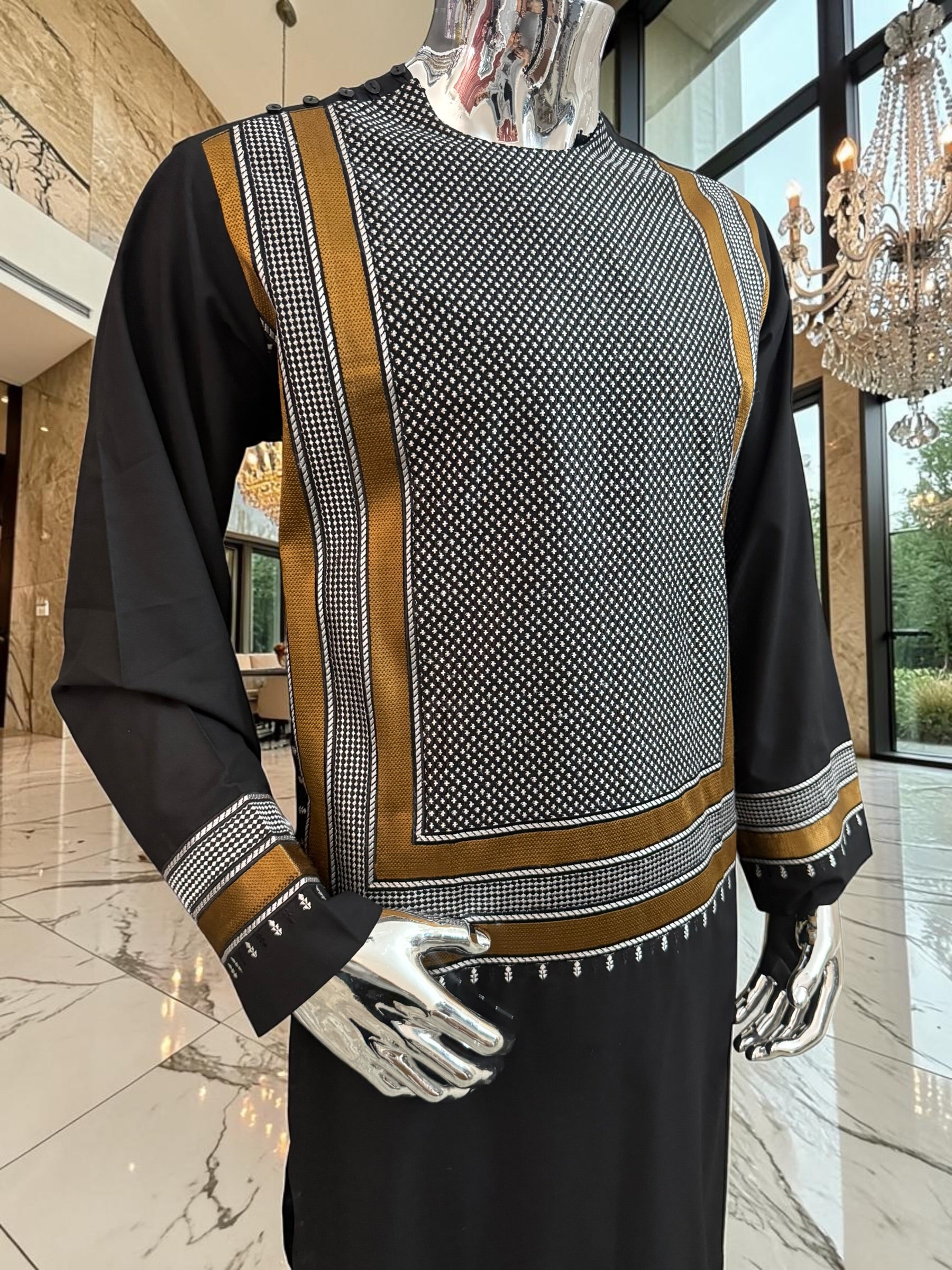 Large Men’s Black Parahan Tunban with White & Bronze Embroidery | Premium Afghan Traditional Wear – Luqmaan Boutique