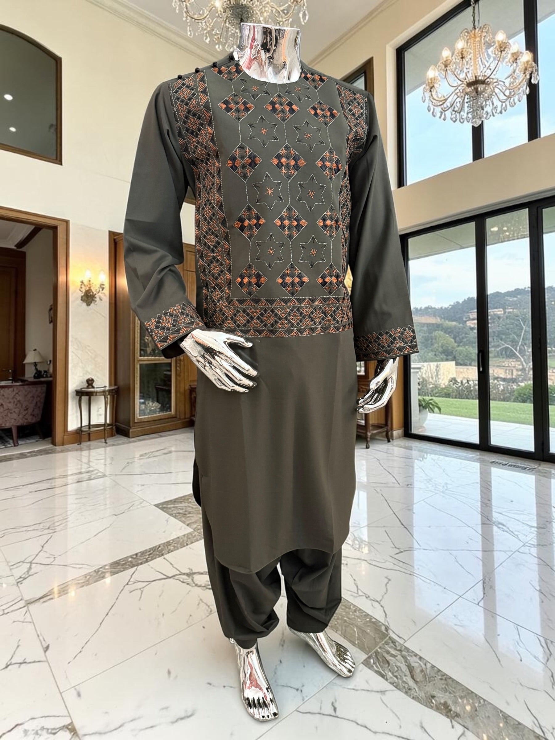 Large Hand Embroidered Dark Green Afghan Parahan Tunban Set with Matching Chadder