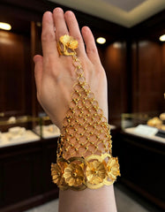 24K Gold-Plated Floral Hathphool Hand Jewelry – Bracelet Ring Chain Set for Women 6094